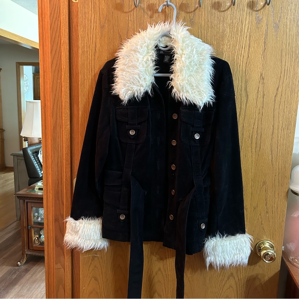 Black with white furry trim INC size large jacket $15